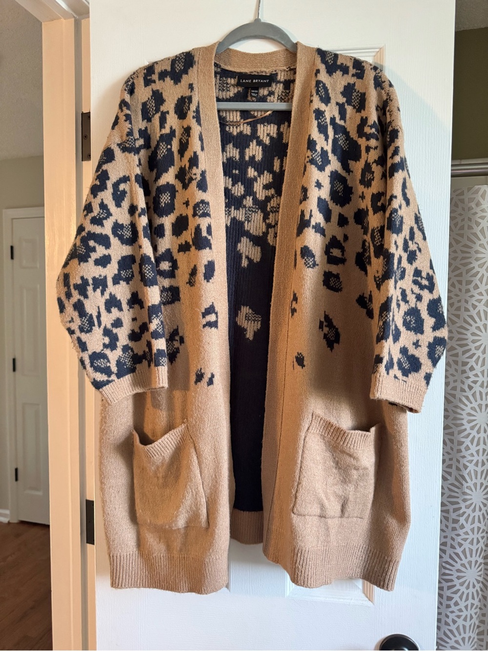 Lane Bryant Camel and Black Leopard Open-Front Cardigan